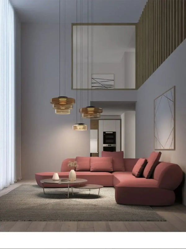 Layered Glass Pendant Light – Modern Amber, Green or Smoke Grey LED Suspension in stylish living room setting.