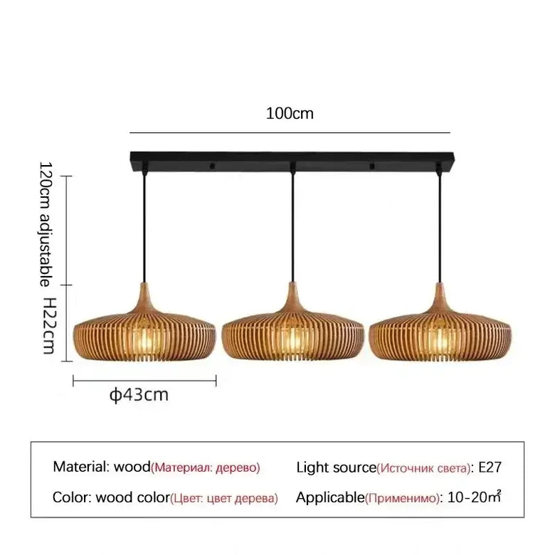 Vintage Wooden Pendant Light – Handcrafted Nordic Birdcage Lamp with three wooden shades and E27 sockets.