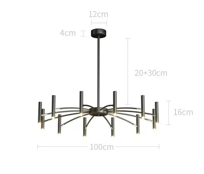 Modern Starburst LED Chandelier – 24-Light Sculptural Ceiling Statement size and specifications, including power and suitability.