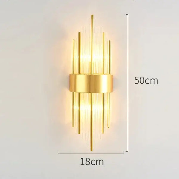 Unique Collection of Art Deco Sconces: Elegant gold sconce with vertical glass elements, dimensions 50cm x 18cm.