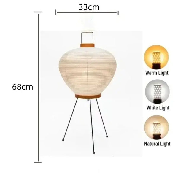 Japanese Rice Paper Table Lamp showcasing dimensions: 33cm diameter, 68cm height, with options for warm, white, and natural light.