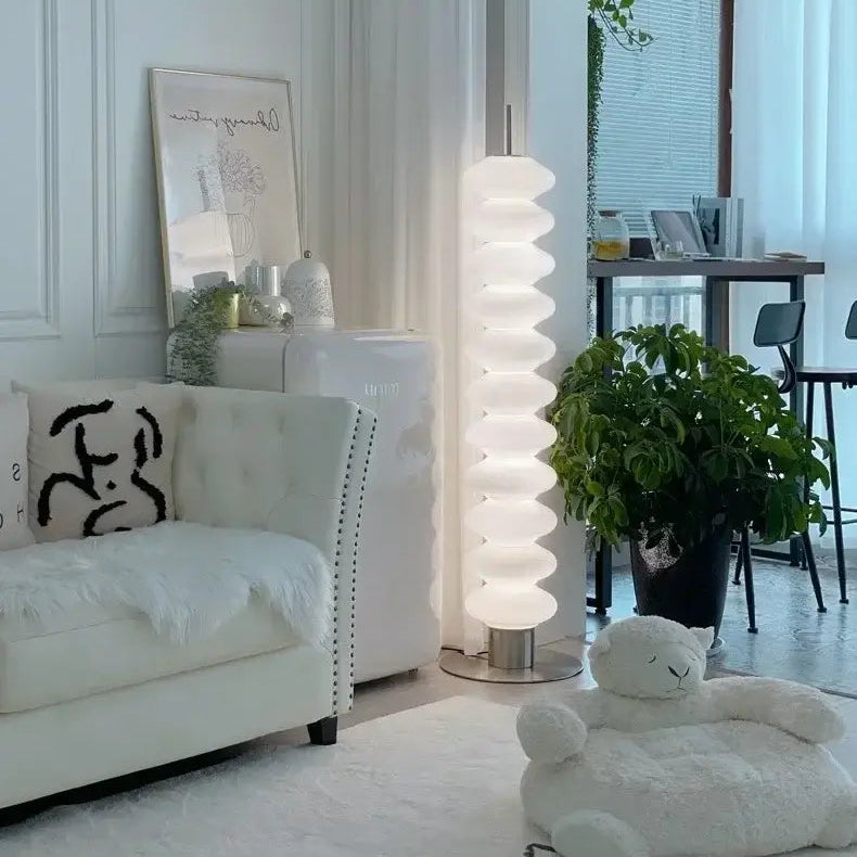 Danish Gourd Sculptural Floor Lamp – Nordic White Acrylic LED Lamp in a modern living room with white decor.
