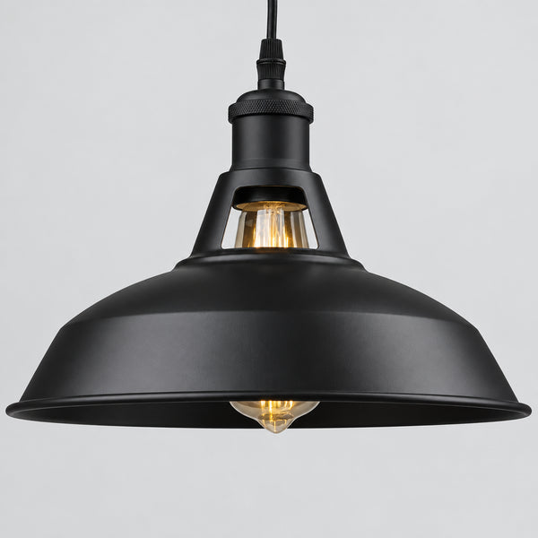 Hero - Black industrial pendant light on a grey background