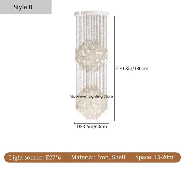 70s Retro Shell Multi-String Light Pendant with elegant shell accents and dimensions H70.8in D23.6in.