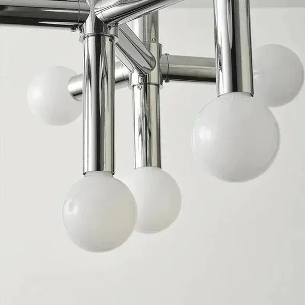 Bauhaus Chrome Chandelier – Modern 10/13 Globe Pendant Light with polished chrome arms and glass spheres