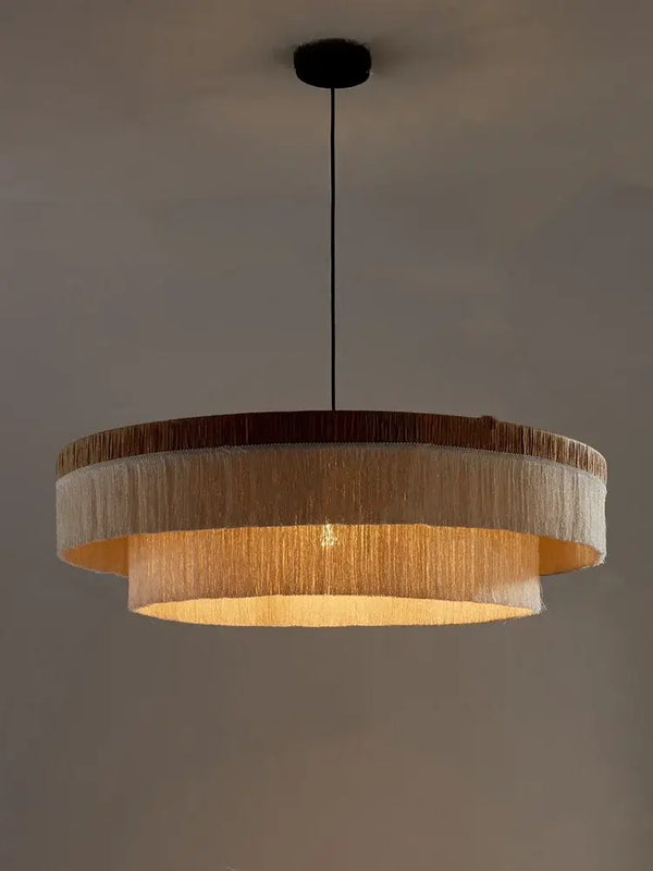 French Retro Grand Fringe Pendant Light – 80cm Vintage Beige Statement Chandelier in warm beige with layered fringe design.