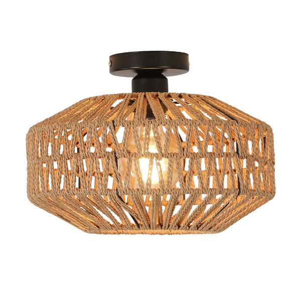 Hand-Woven Rattan Ceiling Light with Metal Base