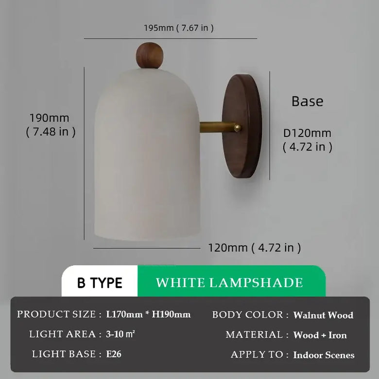 Walnut Wood and Iron Wall Lamp with white lampshade and elegant design for indoor use.