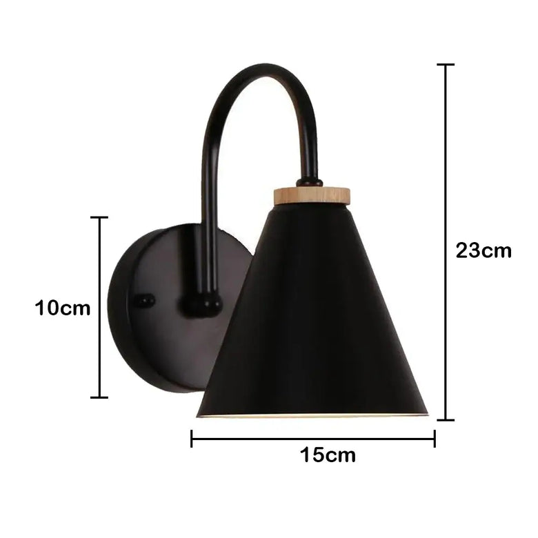 Collection of Modern Nordic Wooden Wall Lights - modern black wall lamp with oak detail and dimensions.