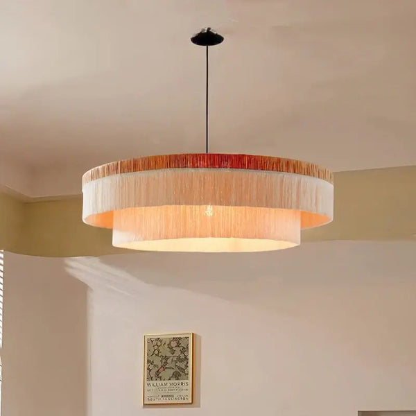 French Retro Grand Fringe Pendant Light – 80cm Vintage Beige Statement Chandelier illuminating a room with ambient glow.