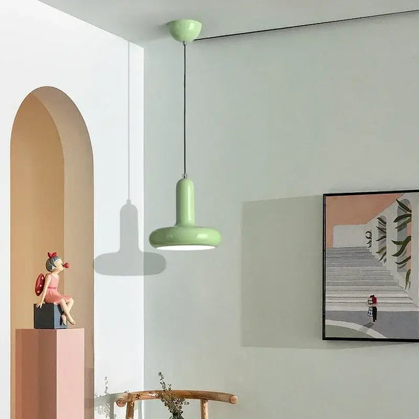 60s Scandinavian Style Kitchen Pendant Lamp in green color, enhancing a trendy kitchen space with modern decor.