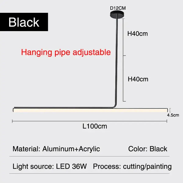Retro 70s Neon Kitchen Island Pendant in Black or White - Adjustable hanging pipe dimensions and LED light specifications.
