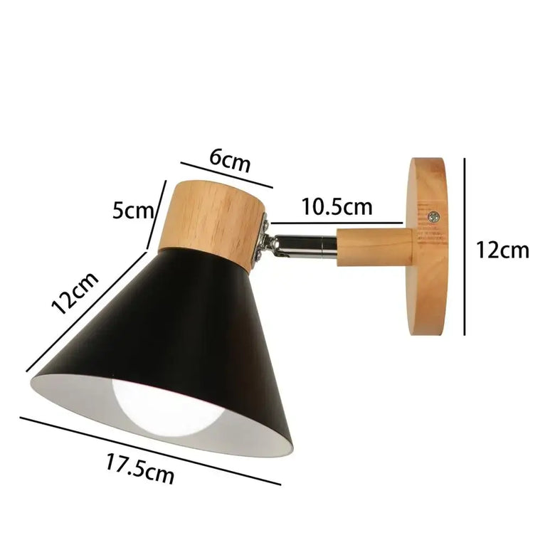 Collection of Modern Nordic Wooden Wall Lights with black shade and wooden base, showcasing stylish design and dimensions.