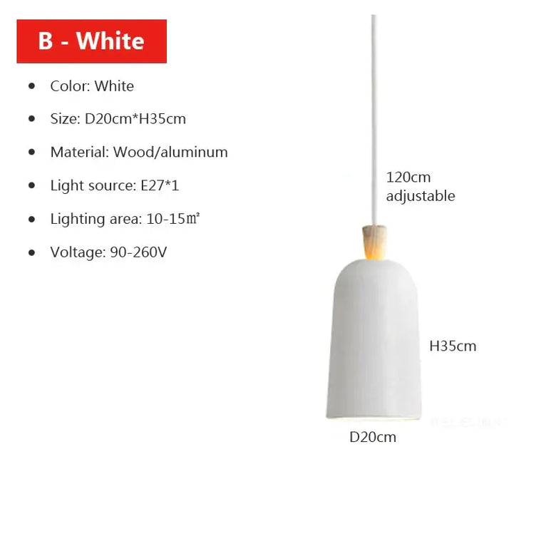 Colourful, modern, metal Danish Light Pendant in white, made from wood and aluminum, adjustable height 35cm.