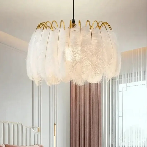 Modern Feather Pendant Light – Elegant Gold Chandelier for Living Room illuminated in stylish interior setting.