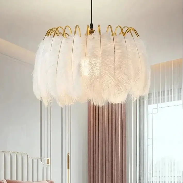 Modern Feather Pendant Light enhances the decor with its luxurious feather shade and sophisticated design.