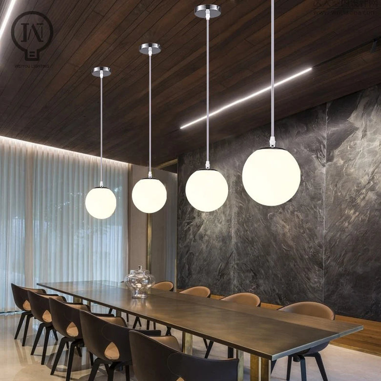 White Glass Globe Pendant Light with Brass or Black Detail