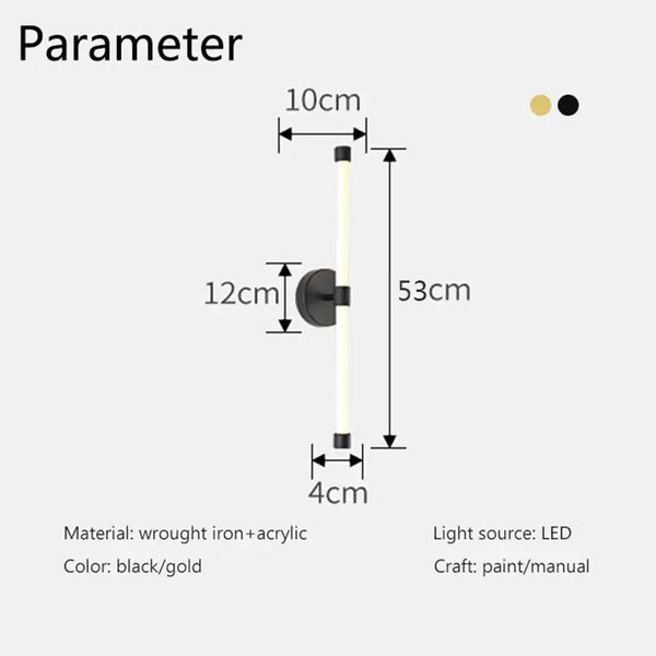 Postmodern Tube Pipe Wall Light dimensions and specifications including black and gold color options.
