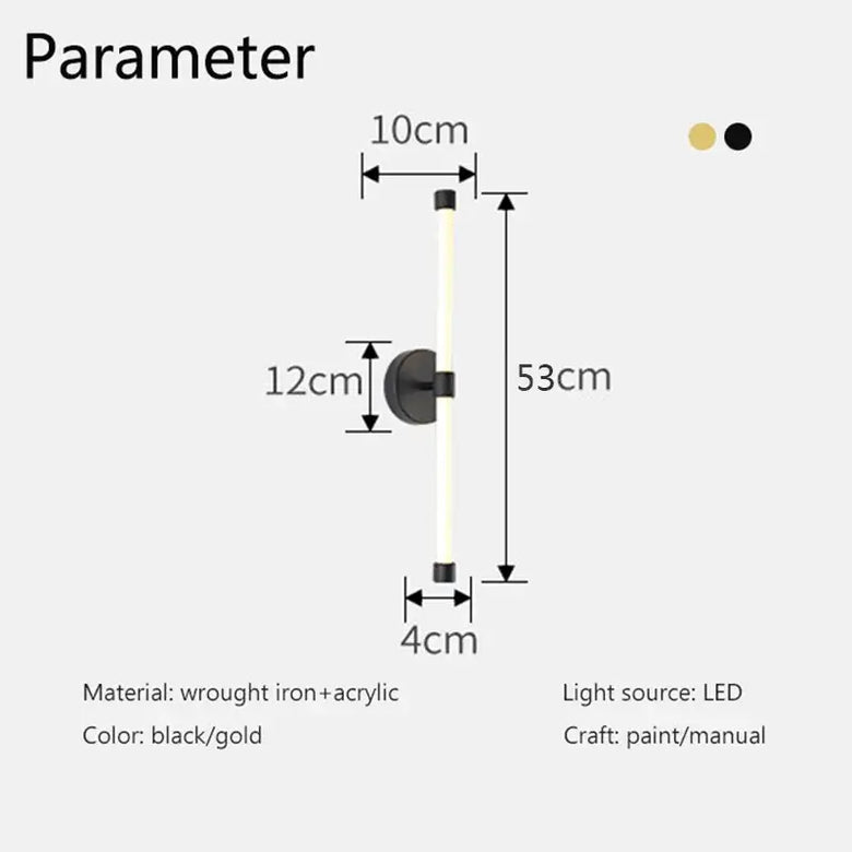 Postmodern Tube Pipe Wall Light dimensions and specifications including black and gold color options.