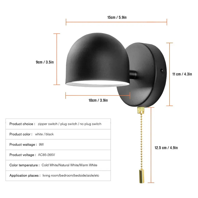 Semi-Sphere Switch or Plug Wall Lights in black with dimensions and specifications for modern living spaces