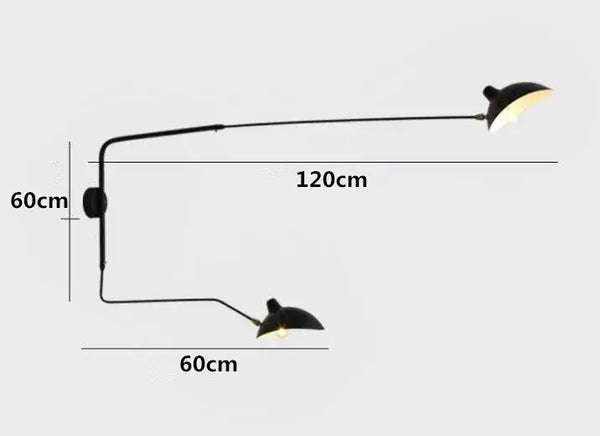 Swing Arm Nordic Loft Wall Lamp dimensions showing 120cm width and 60cm height, ideal for stylish indoor spaces.