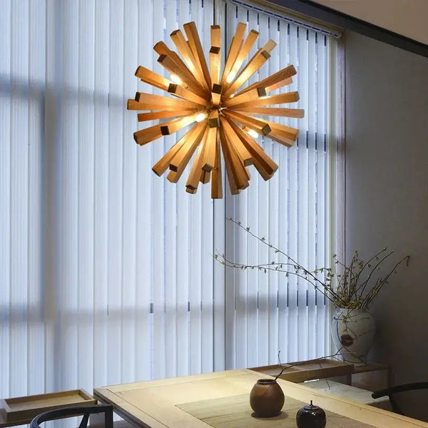 Solid Wood Oak Chandelier: Explosive Ball LED Light Fixture for Modern Living hanging in a modern dining area.