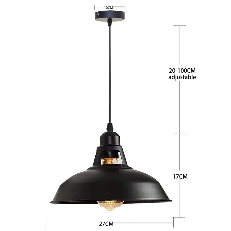 Black pendant light with adjustable dimensions on a white background