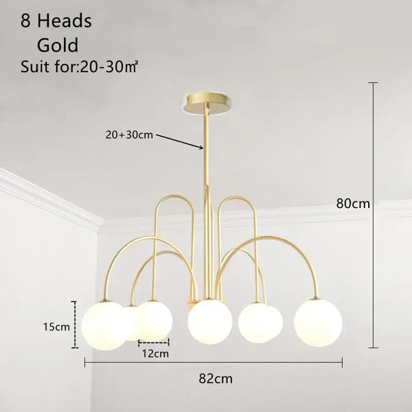 Modern Magic Beans 4-Head Gold LED Chandelier – Sophisticated Ceiling Light with 8 heads and frosted glass globes.