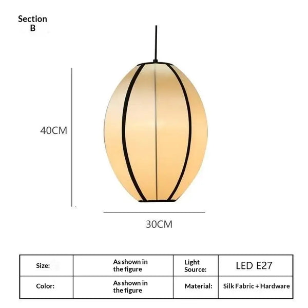 Zen Silk Pendant Light Mid Century Fabric Lantern showcasing soft satin silk in a sculptural design, ideal for modern decor.