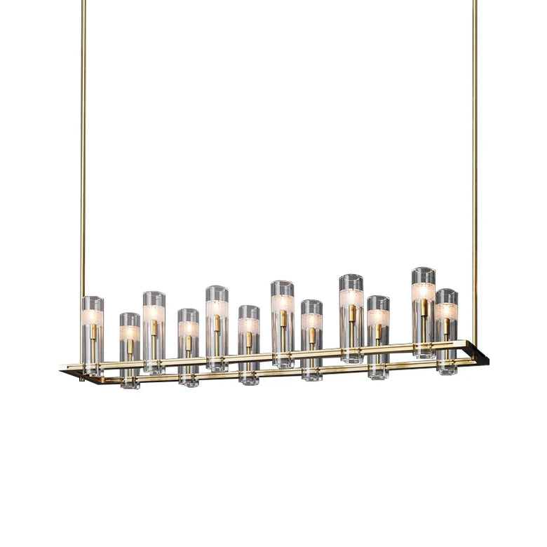 A modern linear chandelier with nine clear glass cylindrical shades, each containing a warm white LED bulb, suspended from a brushed brass or gold-toned metal frame against a solid white background.