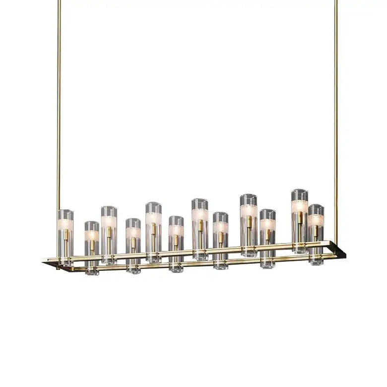 A modern linear chandelier with nine clear glass cylindrical shades, each containing a warm white LED bulb, suspended from a brushed brass or gold-toned metal frame against a solid white background.