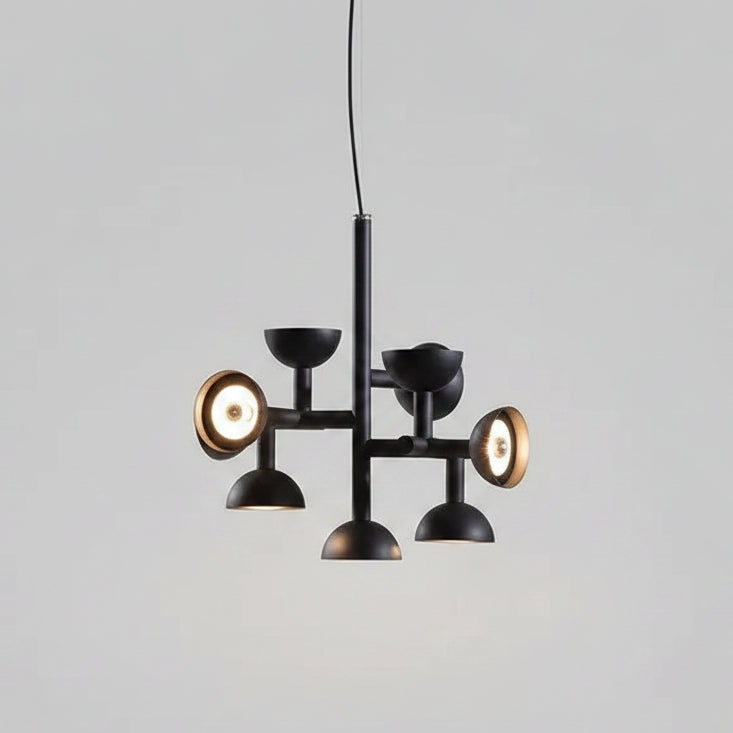 hero Danish Postmodern LED Chandelier hanging above a modern living room with pink sofa and green plants.