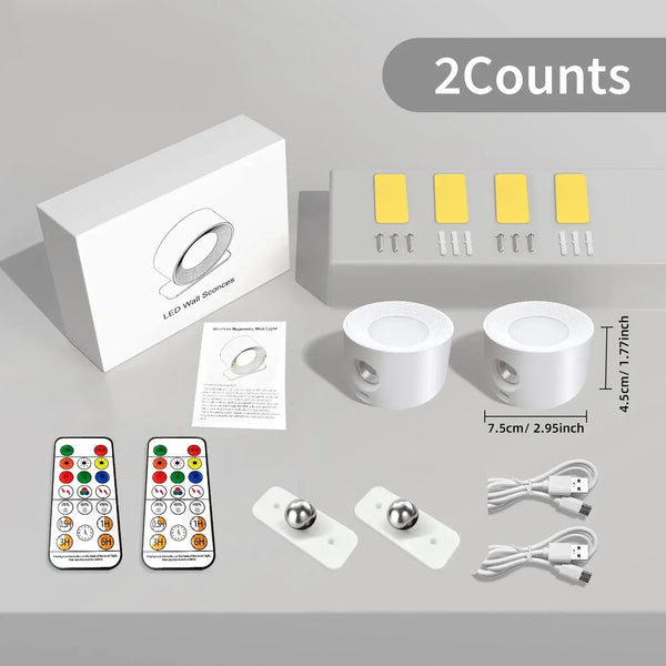 Rechargeable Bedside Wall Lamp and accessories including remote, adhesive, and charging cables.