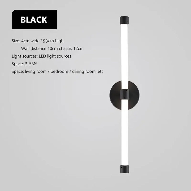 Postmodern Tube Pipe Wall Light black design, 4cm wide, 53cm high, LED lighting for contemporary living spaces.