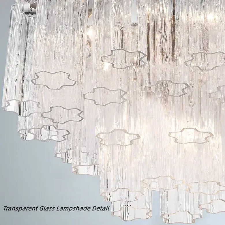 Murano Glass Tiered Chandelier with Gold Frame - Transparent glass lampshade detail showcasing elegant design.