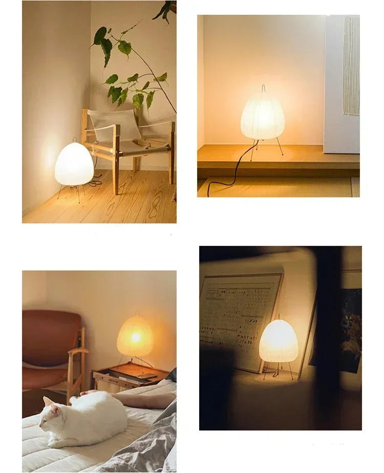 Collage of a Japanese Rice Paper Lamps. modern table lamp in various settings