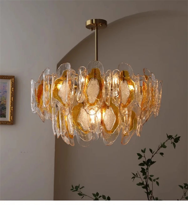Vintage Amber Glass Chandelier – Russet Stained Glass Ceiling Light