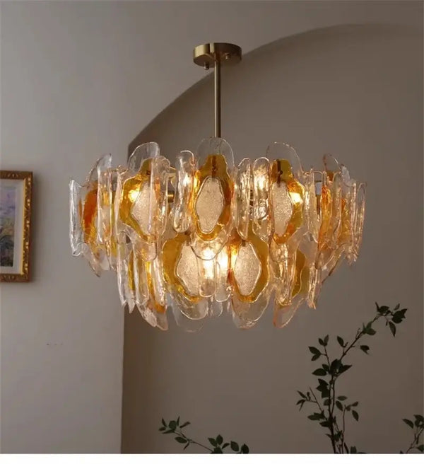 Vintage Amber Glass Chandelier – Russet Stained-Glass Ceiling Light