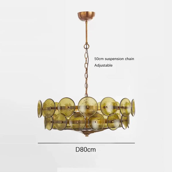 Luxurious Glass Disc Chandelier – 50s Chic featuring adjustable 50cm suspension and stunning amber glass discs.