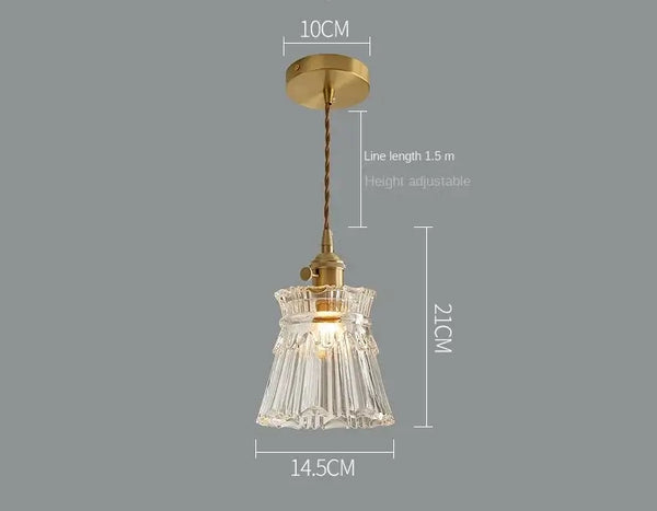 Elegant Glass Pendant Light with Brass Accents - Illuminate with Style dimensions, featuring a clear glass shade and brass accents.