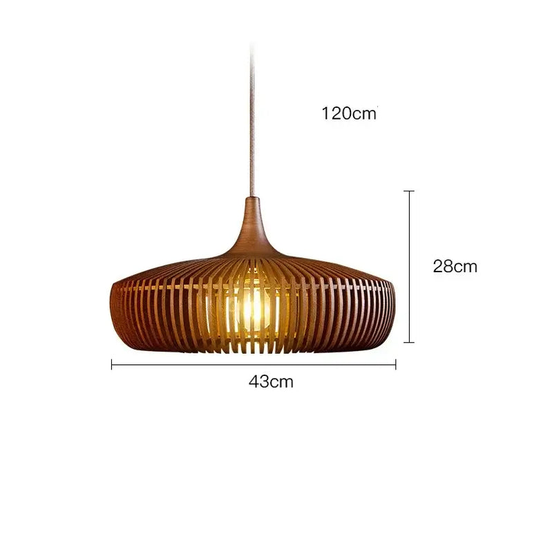 Vintage Wooden Pendant Light – Handcrafted Nordic Birdcage Lamp with warm light and dimensions displayed