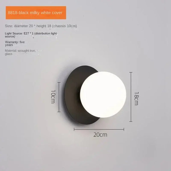 Simple Round Wall Lamp with black cover, dimensions 20cm diameter and 18cm height, energy-efficient lighting.