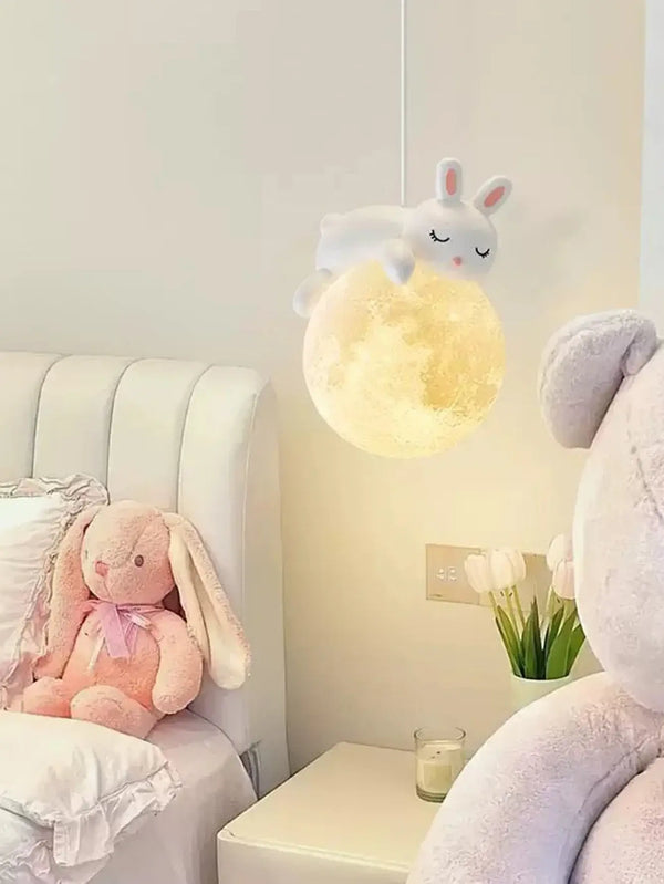 Nordic Simple Chandelier featuring a cute rabbit design on a glowing moon, ideal for children's bedroom decor.