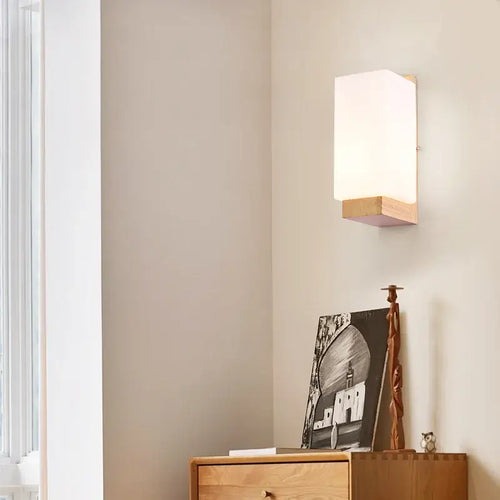 Wood and Frosted Glass Japanese Minimalist Sconces enhancing a serene ambiance on a wall.