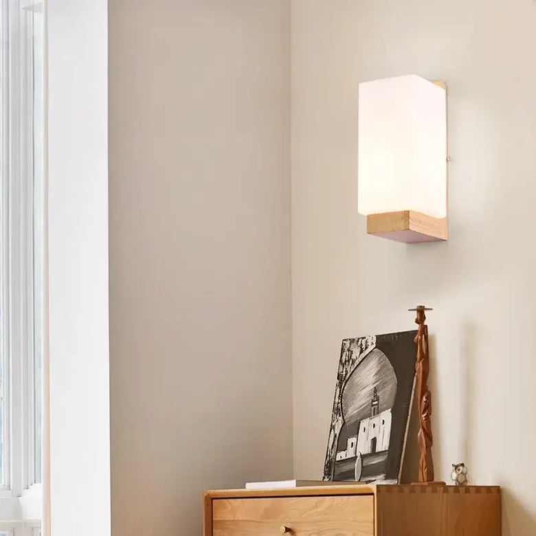 Wood and Frosted Glass Japanese Minimalist Sconces enhancing a serene ambiance on a wall.