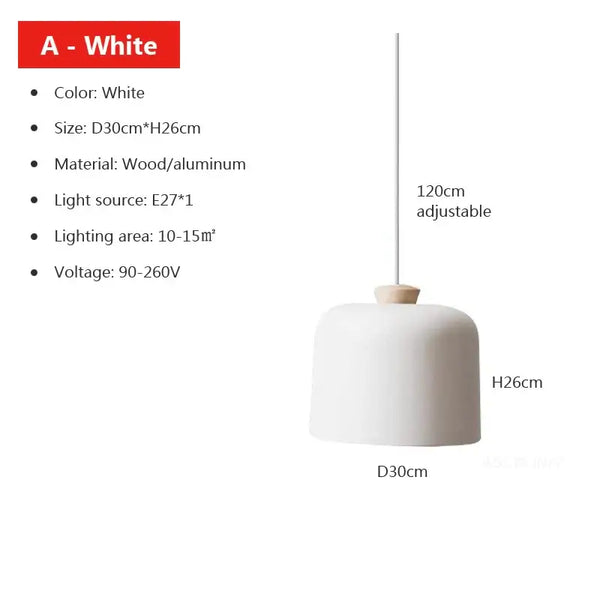 Colourful, modern, metal Danish Light Pendant in white design, showcasing size and material details.