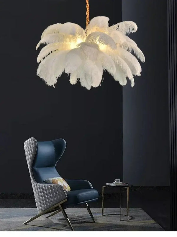 Nordic Feather Pendant Light – Art-Inspired Modern Ceiling Chandelier illuminating a stylish living room.