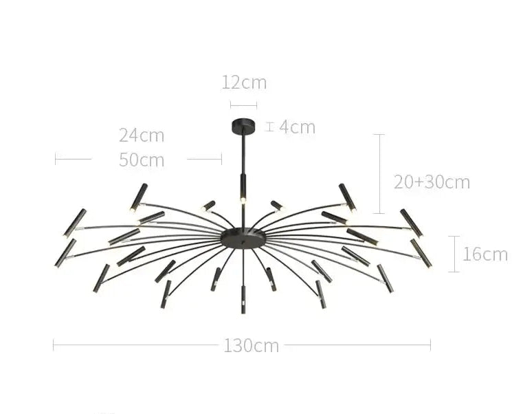 Modern Starburst LED Chandelier – 24-Light Sculptural Ceiling Statement dimensions and specifications, 130CM size, 120W power.