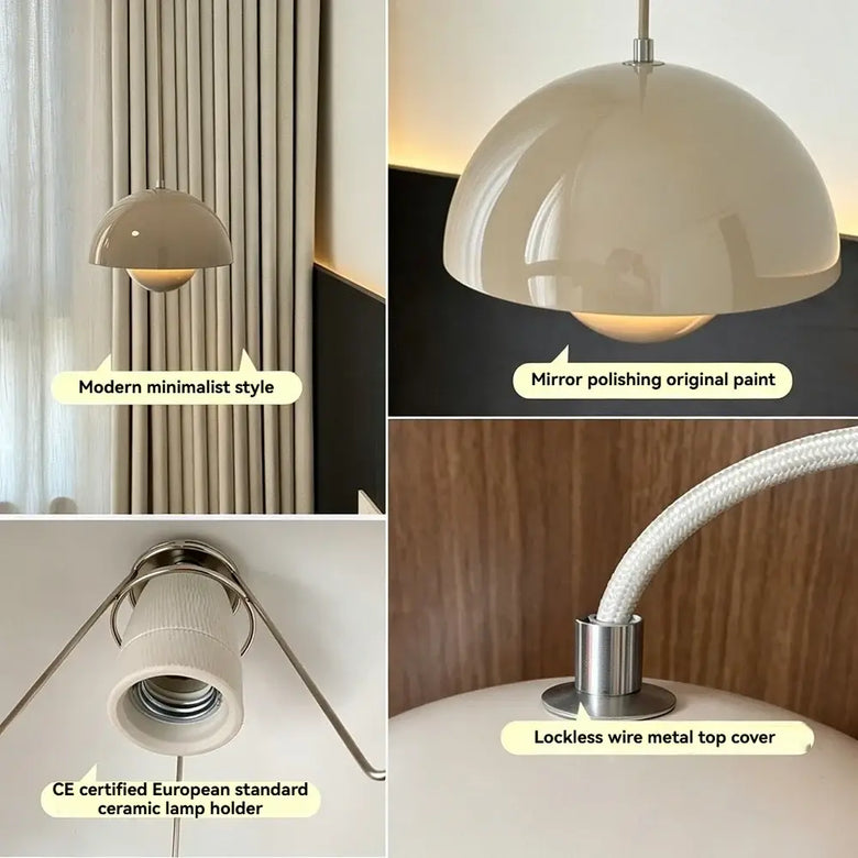 A 4-panel product feature collage for a modern dome pendant lamp. The top-left panel shows the lamp hanging in a minimalist interior next to curtains, labeled 'Modern minimalist style'.