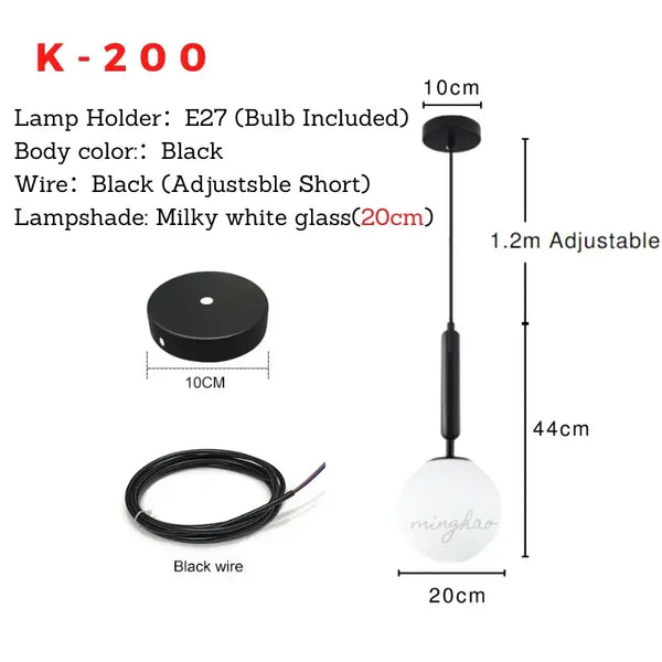 Mid-Century Modern Glass Ball Pendant Light with adjustable black wire and milky white glass shade.